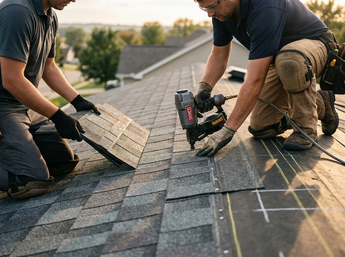 Professional roofer working on a residential roof in Champlin